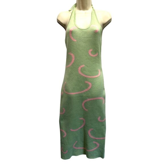 VRG Grl Verge Halter Knit Women Midi Dress Green Pink Retro Bodycon Festival - Picture 1 of 11